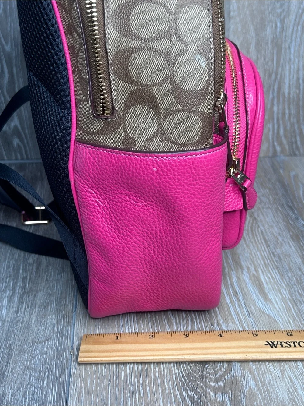 Coach Signature Monogram Pink Leather Trim Backpack – Gold Hardware – Medium